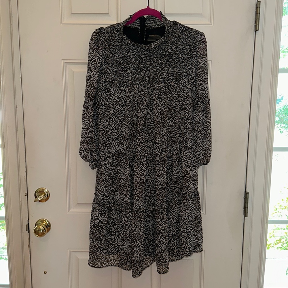 Black and White Printed Long Sleeve Tiered Mini Dress